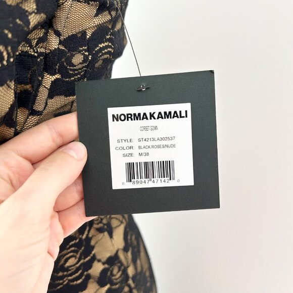NWT Norma Kamali Strapless Lace Corset Fishtail Gown in Black Roses/Nude - Picture 11 of 11